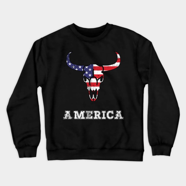 America Skull bull 4th of July Vintage American Flag Retro USA T-Shirt Crewneck Sweatshirt by Best Art Oth